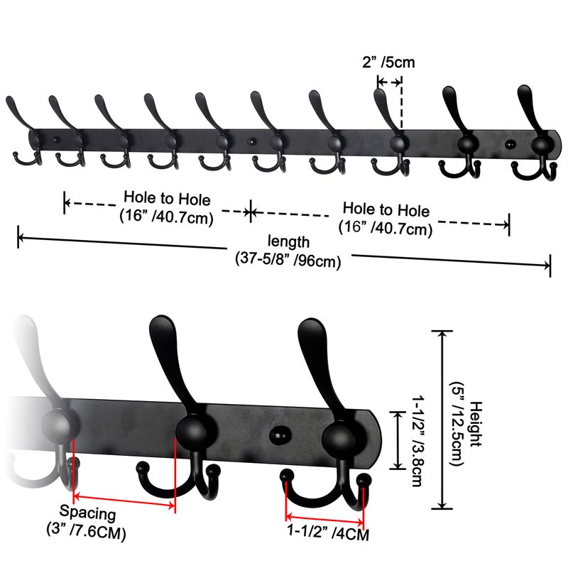 Dseap Coat Rack Wall Mount - 38â€ Long 10-Tri-Hooks Heavy Duty Coat Hanger Rail Wall Hooks for Hanging Coats Hats Clothing Clothes Purse Mudroom Entryway, Black, Pack of 2 - Image 2